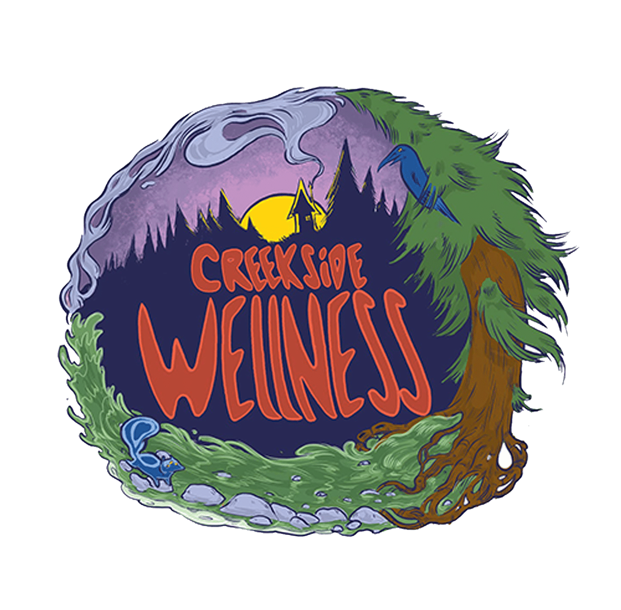 Creekside Wellness dispensary Logo - round colorful nature scene at night